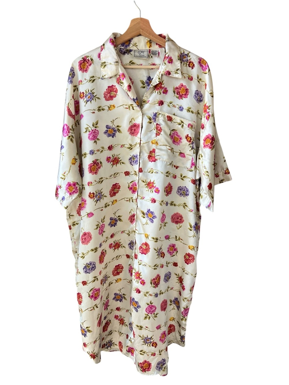 EJC Intimates Vintage Satin Floral Button Down Sleep Shirt Midi One Size